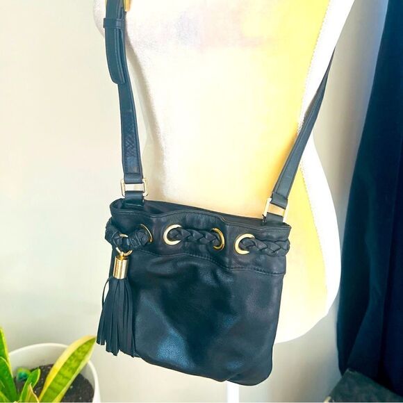 MICHAEL KORS Leather Ring Tasseled Leather Crossbody Tote, Black/Gold Hardware - Picture 1 of 16